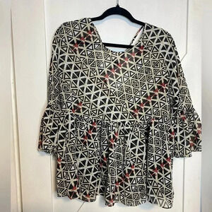 BCBG Generation - geometric pattern blouse - ruffle bottom - boho tribal